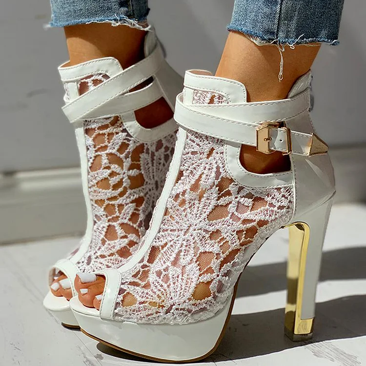 White Lace Platform Heels Block Heel Peep Toe Ankle Boots |FSJ Shoes