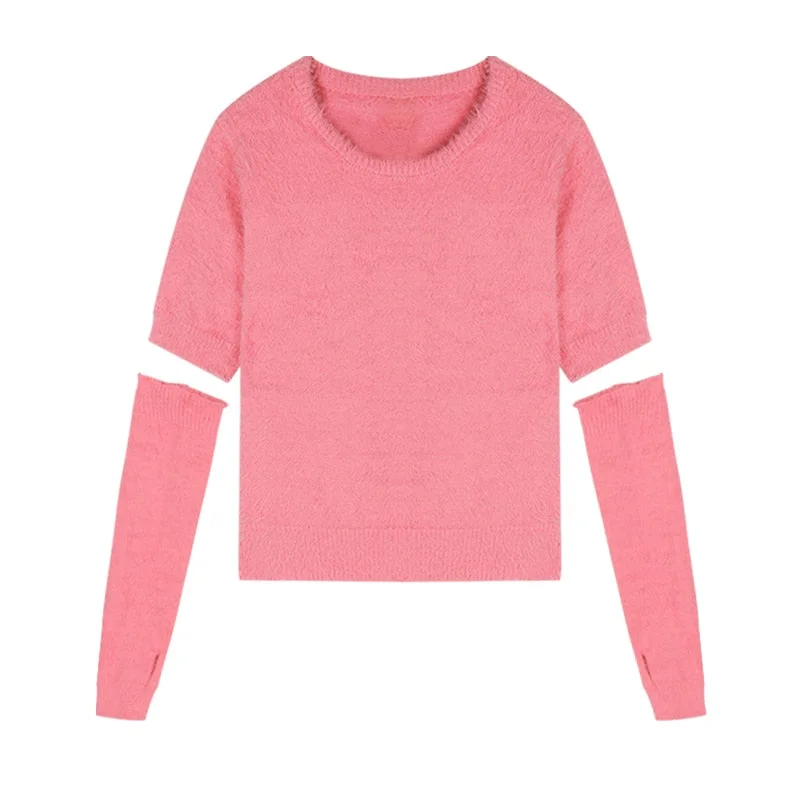 Billlnai  2023  Fur Knitted Sweater Women Design Casual Outwear Chic Y2k Crop Tops Female Long Sleeve Korean Style Slim Pullover