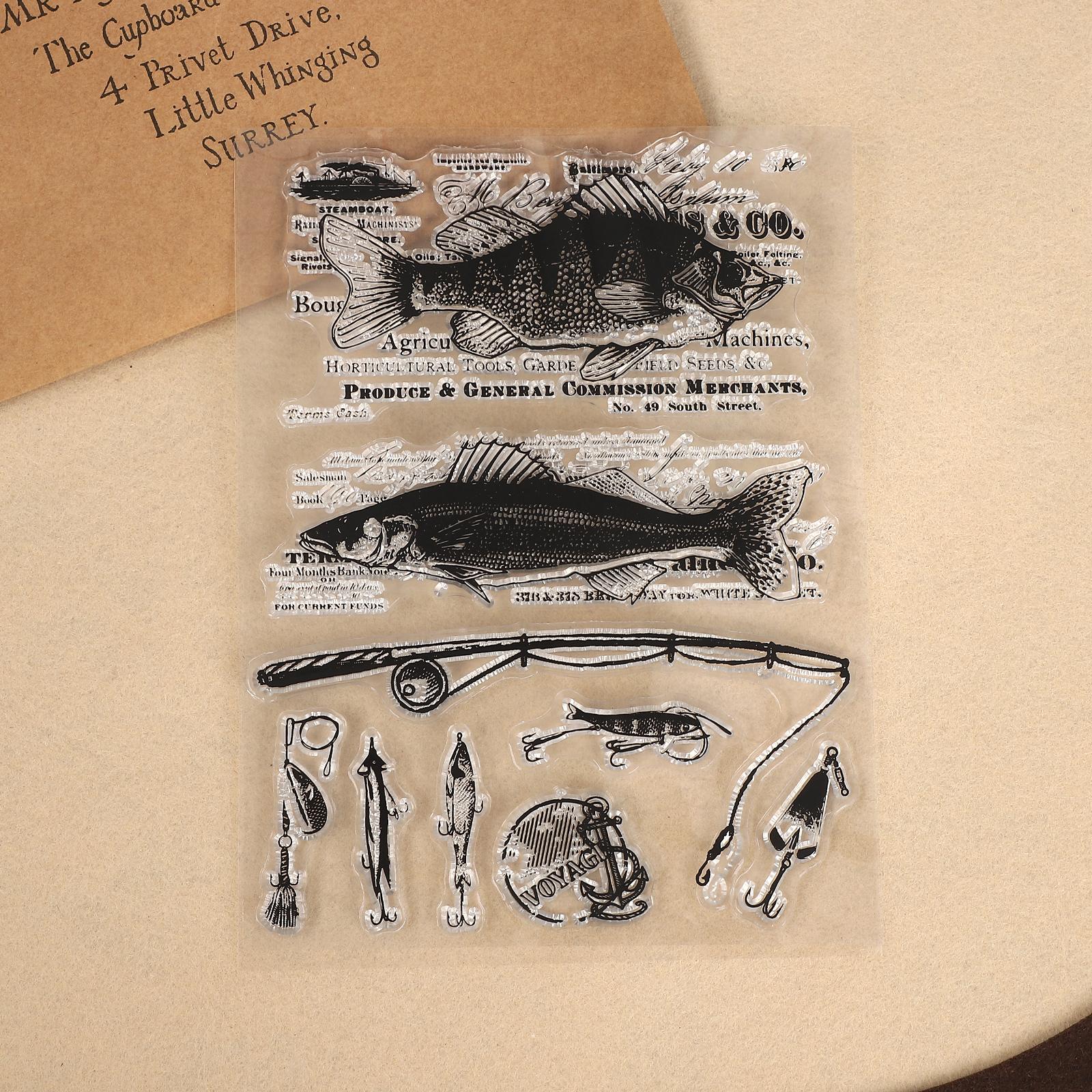 실리콘 스탬프 - 빈티지 물고기와 낚싯대 투명