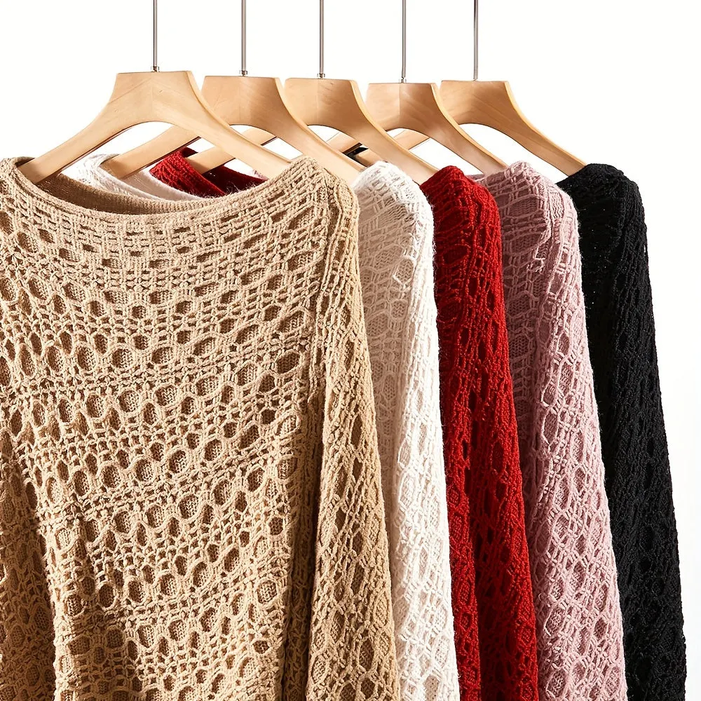 Knit Hollow Out Pullover Poncho Solid Color Tassel Double-layer Outside Wrap Shawl Stylish