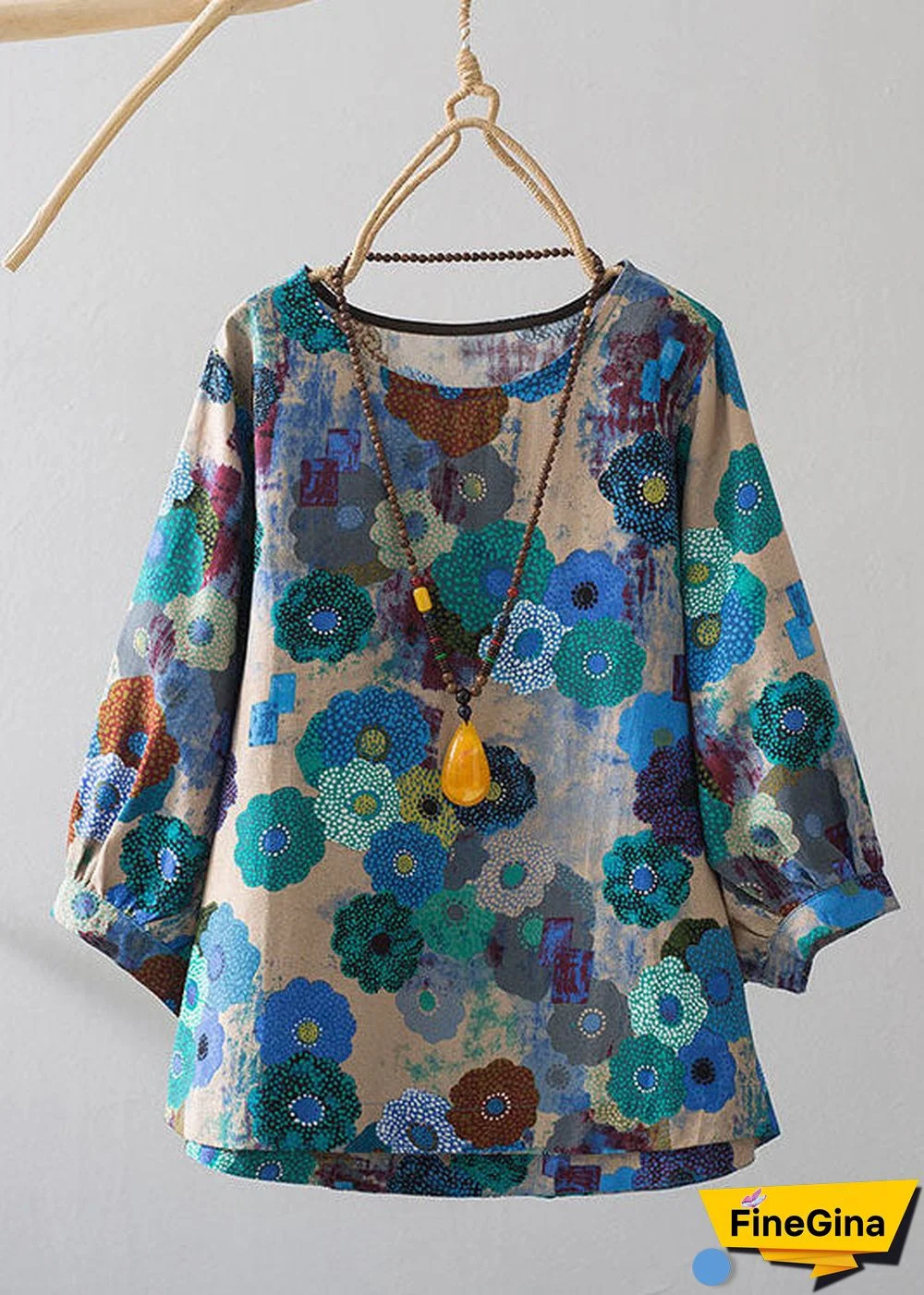 Women Blue O-Neck Oversized Print Linen Blouses Bracelet Sleeve