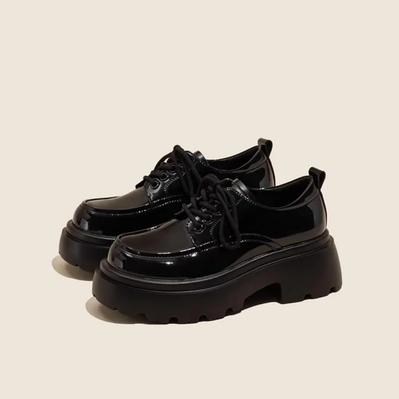Colourp Colourp Ace Small Leather Shoes Female British Platform Black High Heel Height Autumn Winter Work Shoelaces Heel Round Head