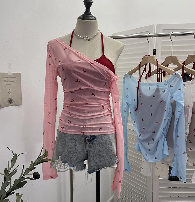 Uveng Fake Two Hanging Neck Sling Long-Sleeved T-Shirt Two Sets Of Thin Outer Sunshield Shirt Short Oblique Shoulder Coat 8861