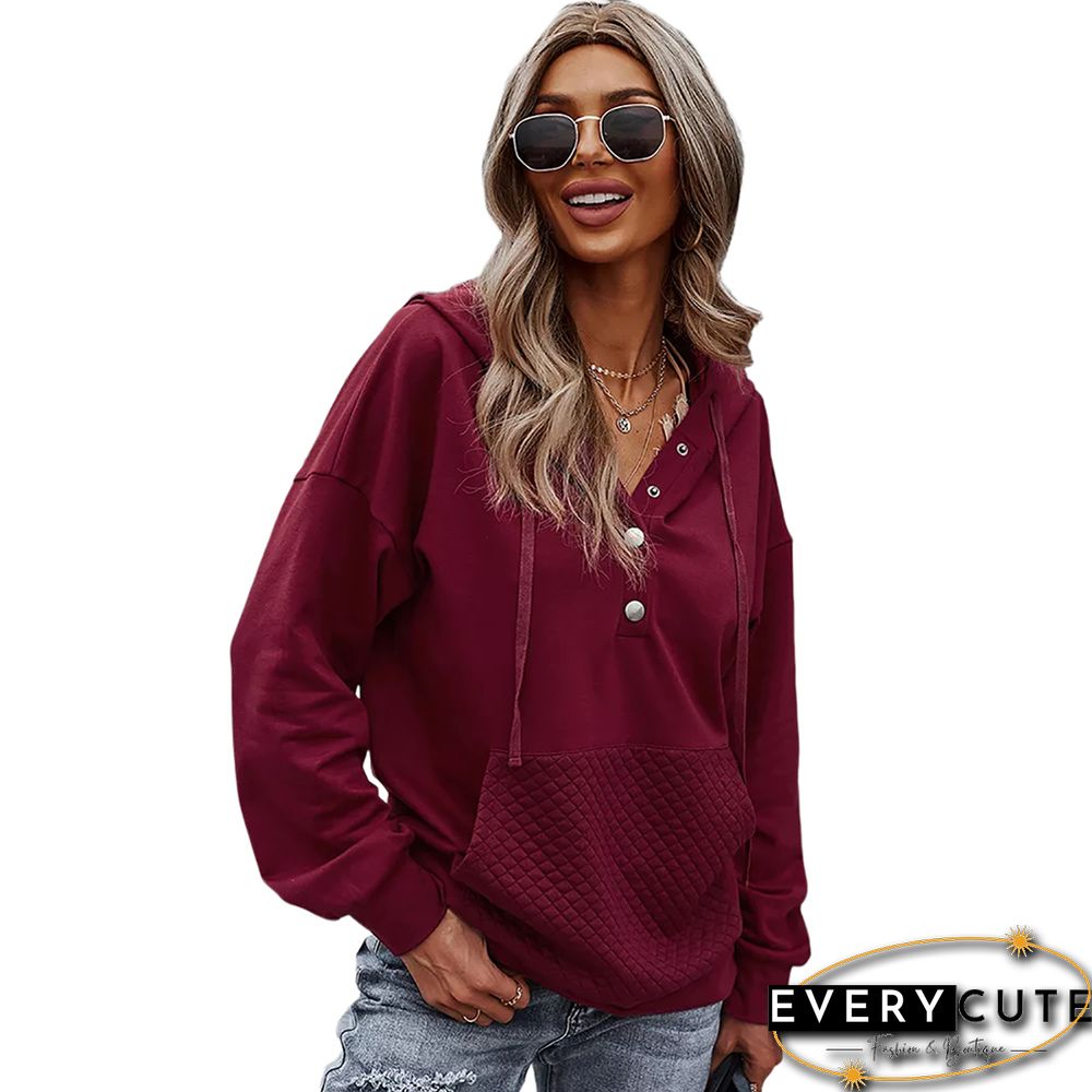 Solid Wine Red Button Collar Pocket Hoodie