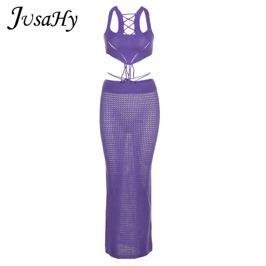 JuSaHy Elegant Knitted Autumn Two Pieces Sets for Women Sleeveless Square Neck Crop Top+Maxi Skirts Matching Outfits Streetwear