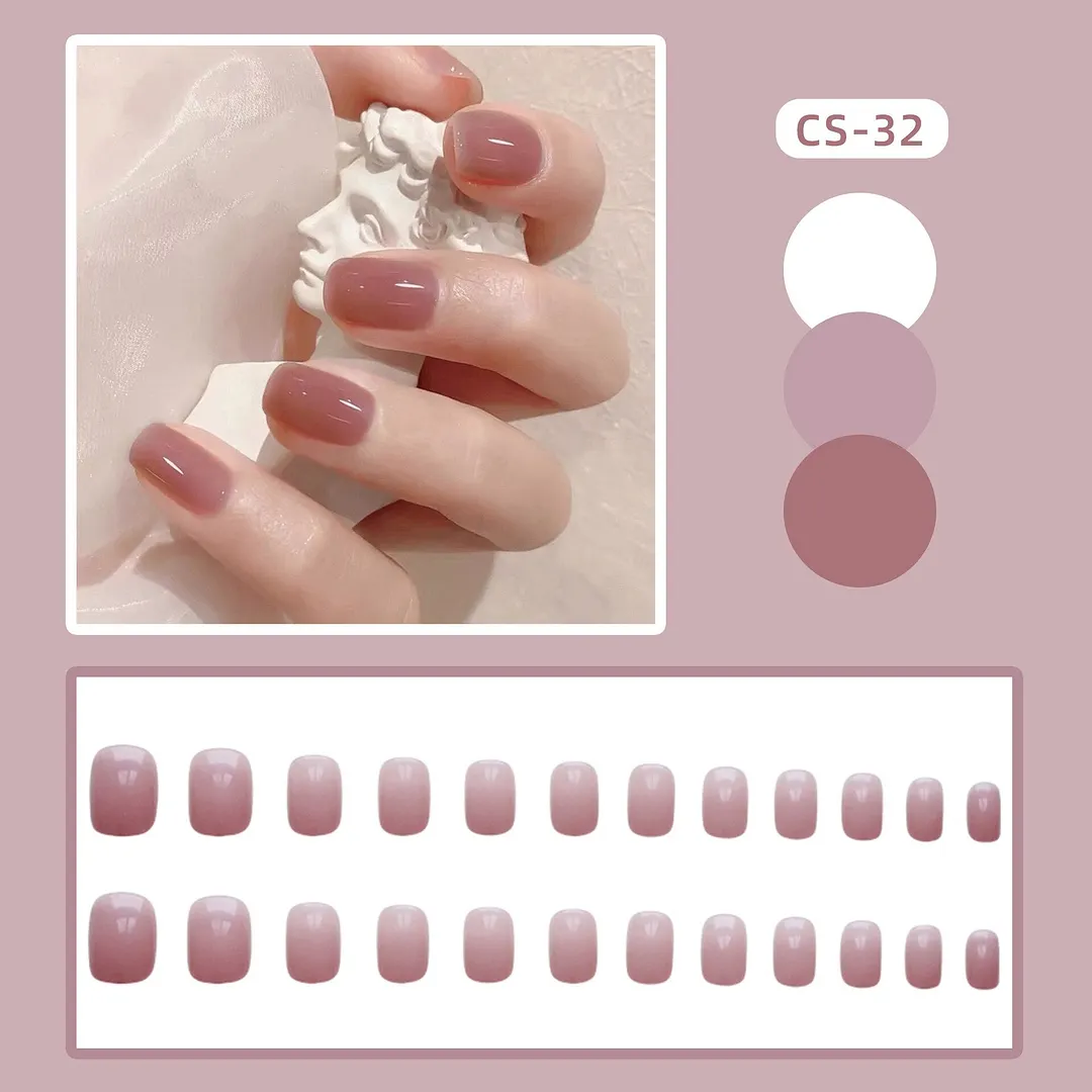 Girls Candy Pink Color False Nails Women Nature Nude Jelly Fake Nail Short Round Head Full Cover Nail Art Tips With Glue 24pcs-Nail Inspo