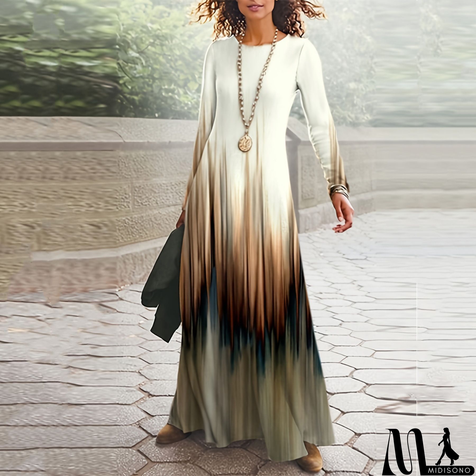 MidiSono - Women Fashion Casual Floral Printing Long Sleeve Maxi Dress