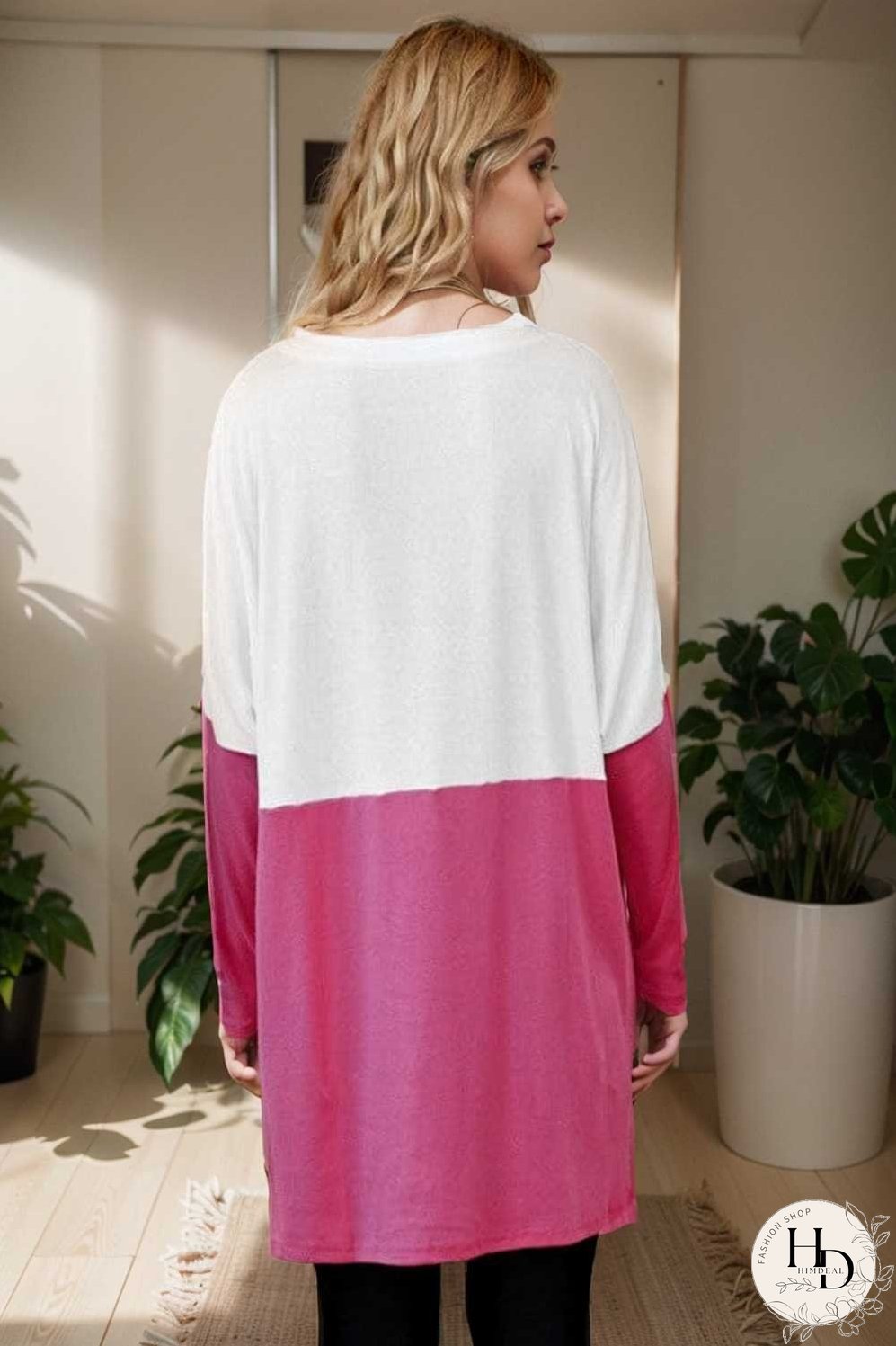 two color stitching pocket loose long sleeve t shirt