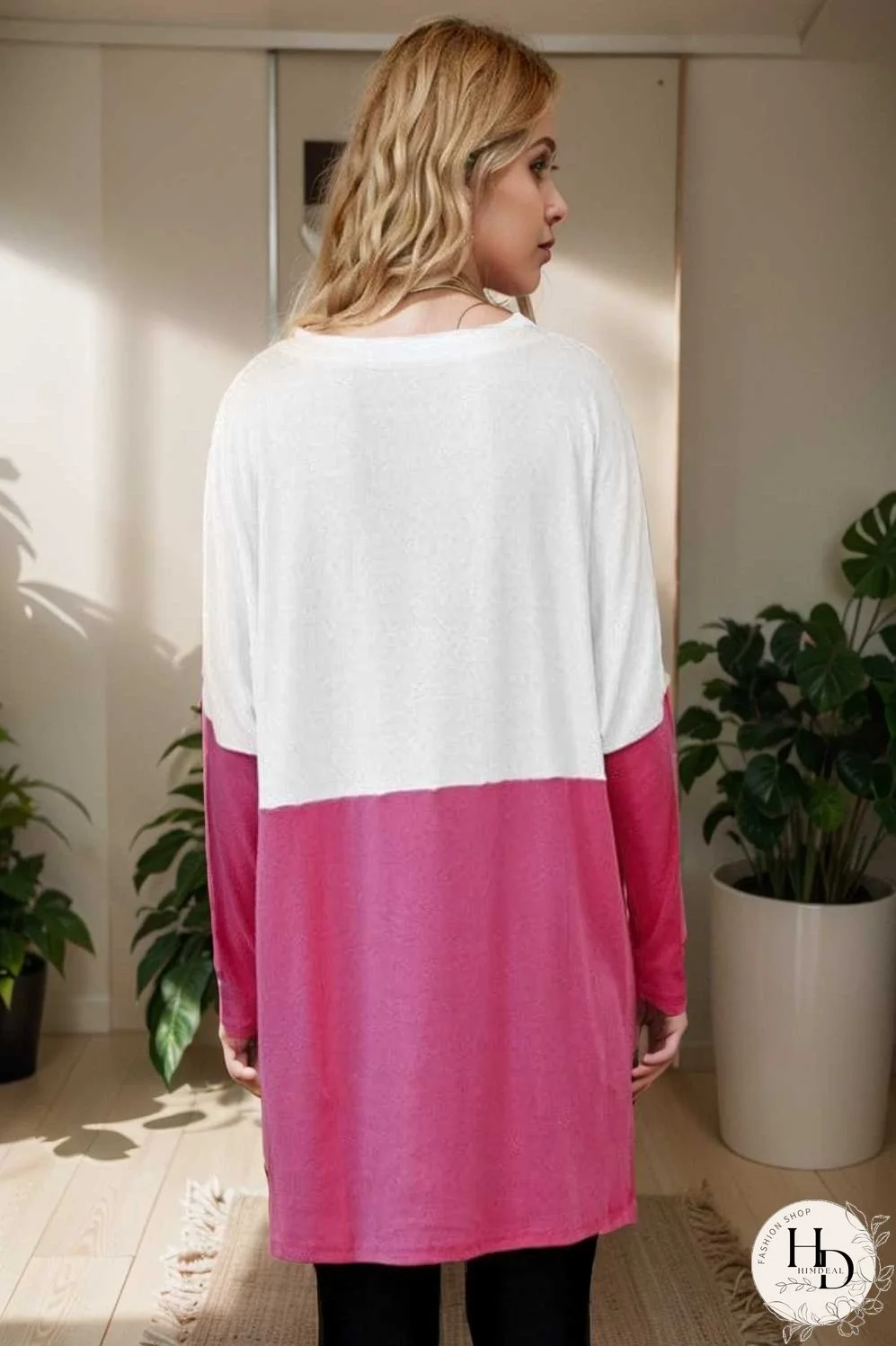 two color stitching pocket loose long sleeve t shirt