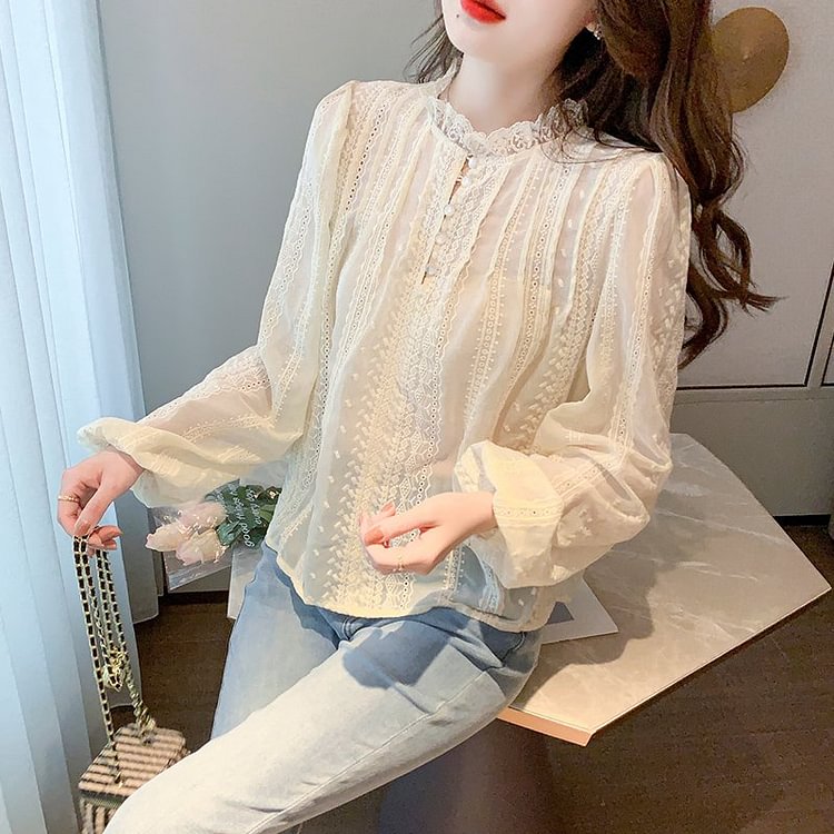 Apricot Long Sleeve Casual Shift Embroidered Shirts & Tops