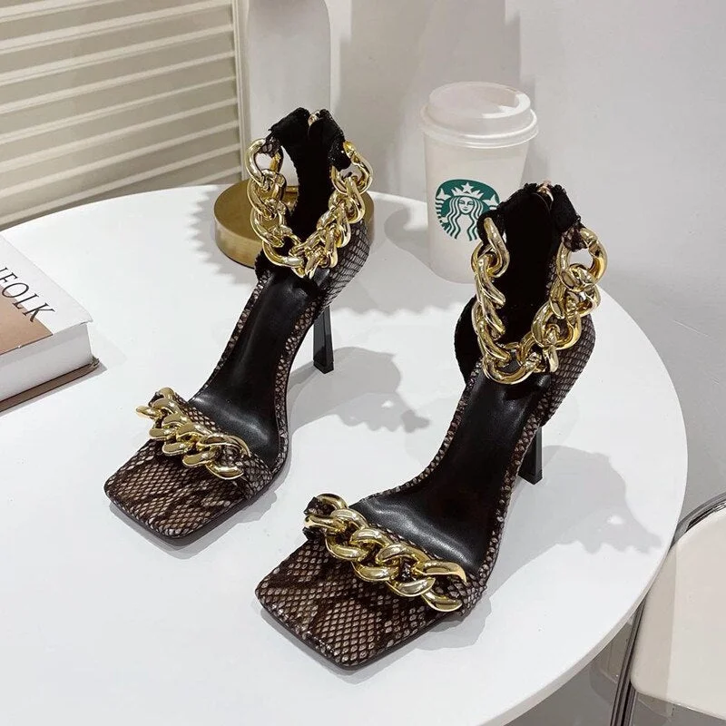2021 Ins style Summer Women Sandals Fashion metal chains thin High heels Gladiator sandals Female Square toe Office Daily Shoes