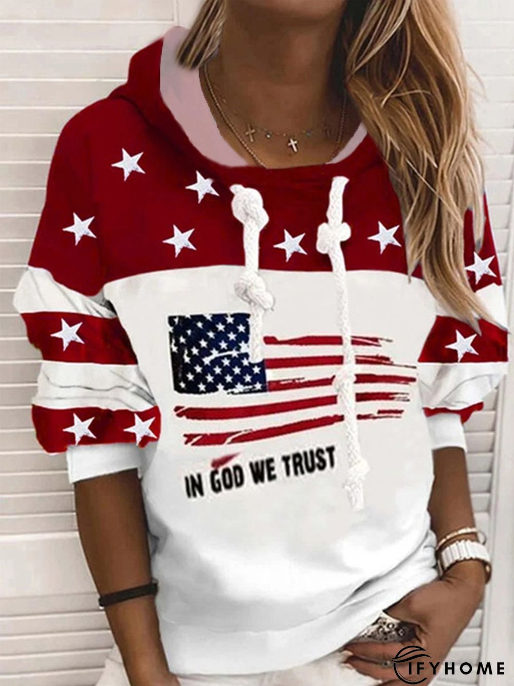 Color-block Stars Flag Letters Printed Hoodie Long Sleeve Casual Sweatshirt | IFYHOME