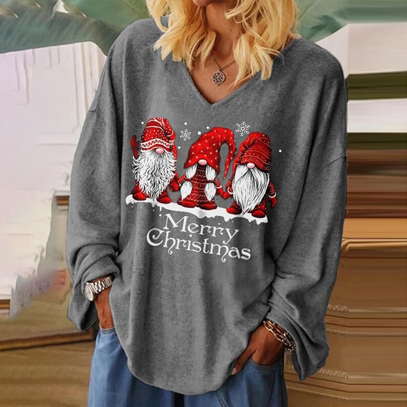 Merry Christmas Dwarfs Print V-neck Long Sleeve T-shirt