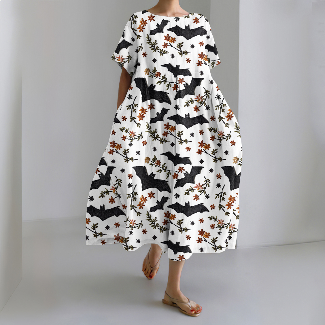 wearshes Halloween Bat Print Short Sleeve Loose Midi Dress