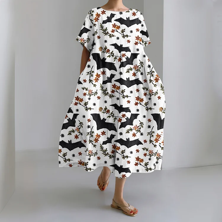 Halloween Bat Print Short Sleeve Loose Midi Dress