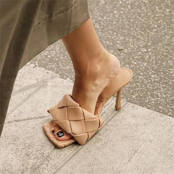  Square leather mule with open heel and padded high heel