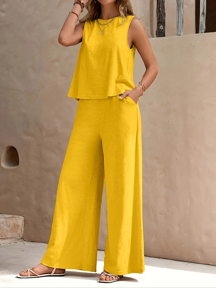 Elegant Special + Solid Crew Neck Sleeveless Top & Trousers Summer Casual Set