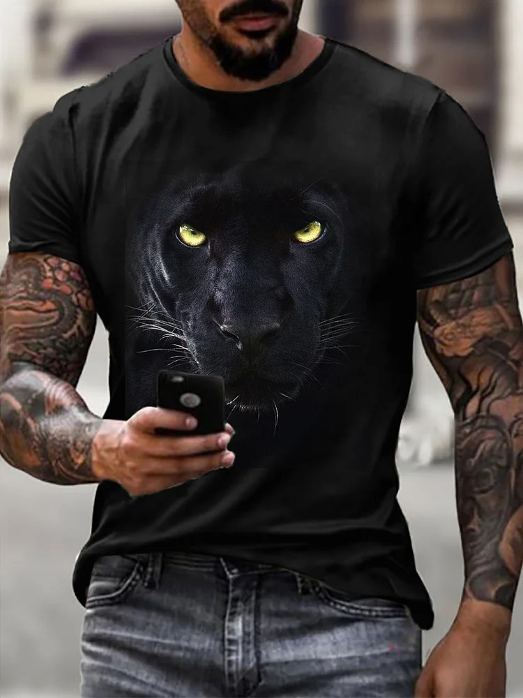 2023 Men's Hot Sale Fashionable Casual Black Leopard 3D Printing Short Sleeve T-Shirt Tops