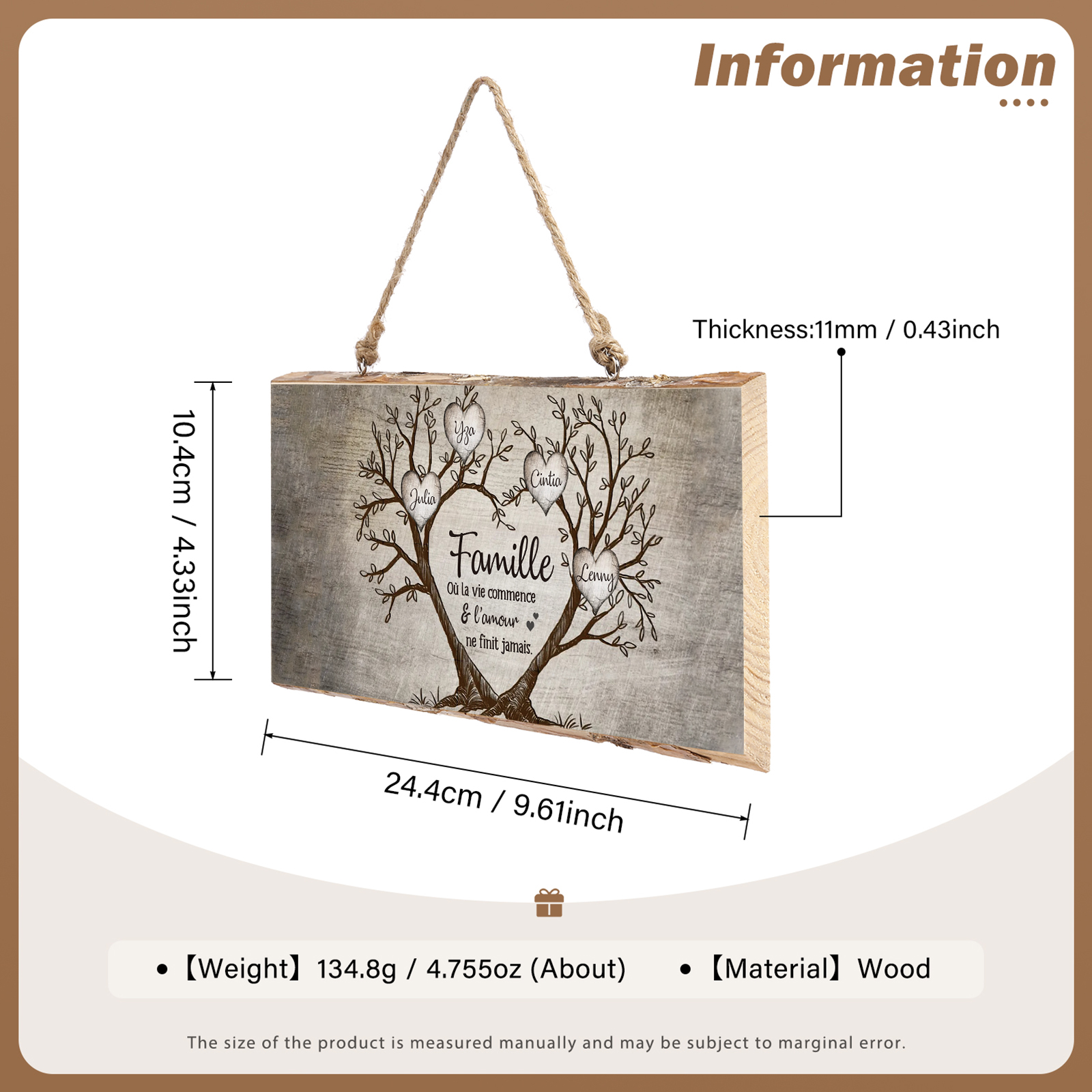 Décoration en bois Arbre de Vie 2-6 Prénoms Personnalisés pour Famille Peinture Décorative