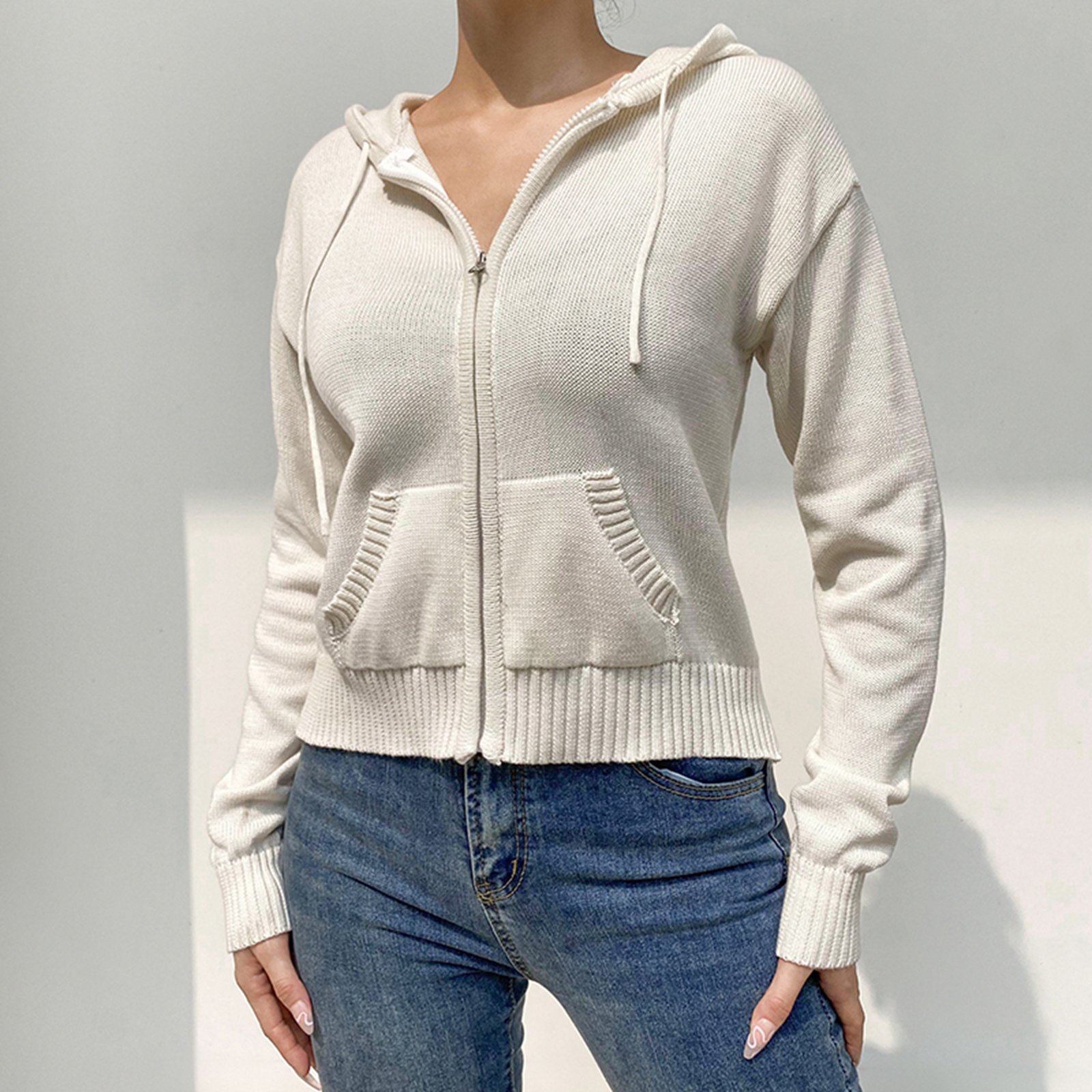 Vurtigorasn Women’s Knit Coat Zip Up Hooded Jacket Solid Color Long Sleeve Sweatshirt Autumn Casual Punk Gothic Grunge Y2K Tops Outerwear