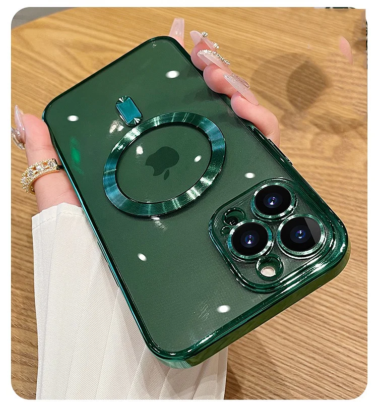 Magnetic wireless charging phone case for iPhone, stylish metal coating design, equipped with silicone camera lens protector