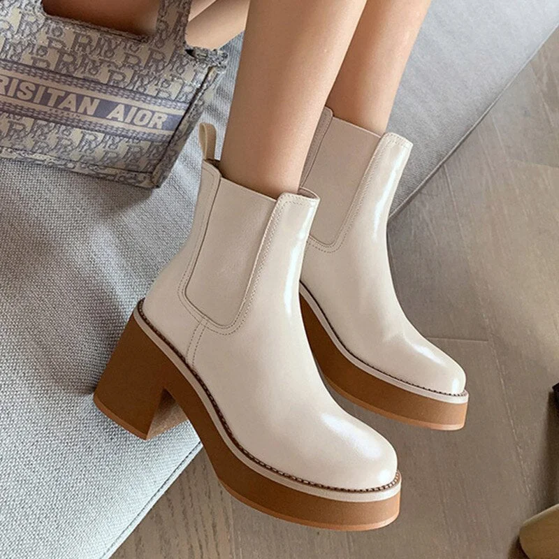 Fashion Platform Chelsea Boots For Women Chunky Heels Ladies Leather Shoes Autumn Winter Slip On Square Toe Female Ankle Boots