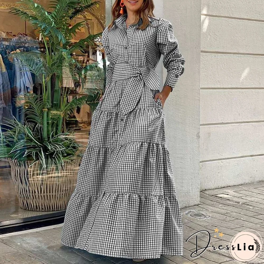 Shirt Dress Women Long Sleeve Party Dresses Casual Lapel Button Vintage Belted Pockets Sundress Plaid Printed Robes