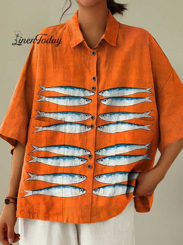 Women’s Vintage Fish Art Print Casual Cotton Linen Shirt Multicolor / S
