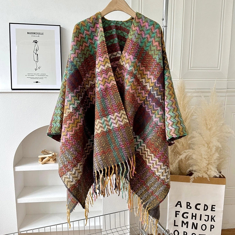 Yunnan Lijiang Travel Outside Knitted Shawl Ethnic Style Vintage Cape Cloak Tassel Scarf For Vacation Wear