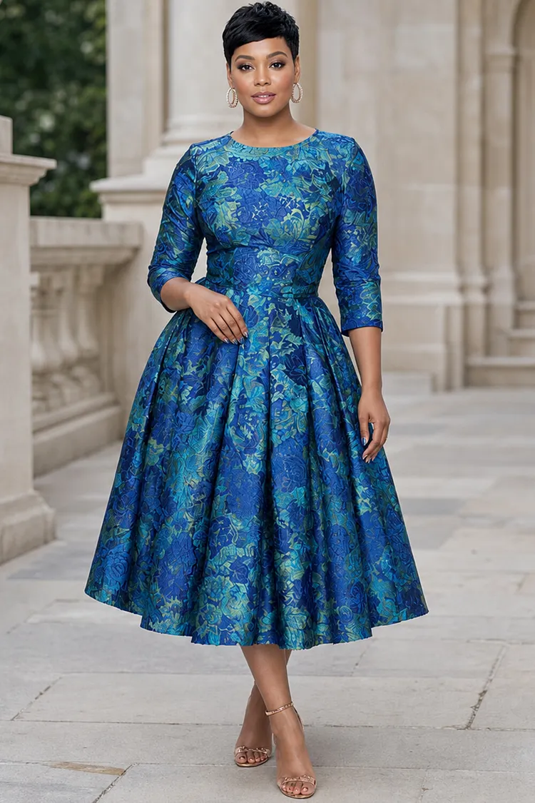 Xpluswear Design Plus Size Wedding Guest Blue Round Neck 3/4 Sleeve Jacquard Midi Dresses [Pre-Order] 2024 - Xpluswear