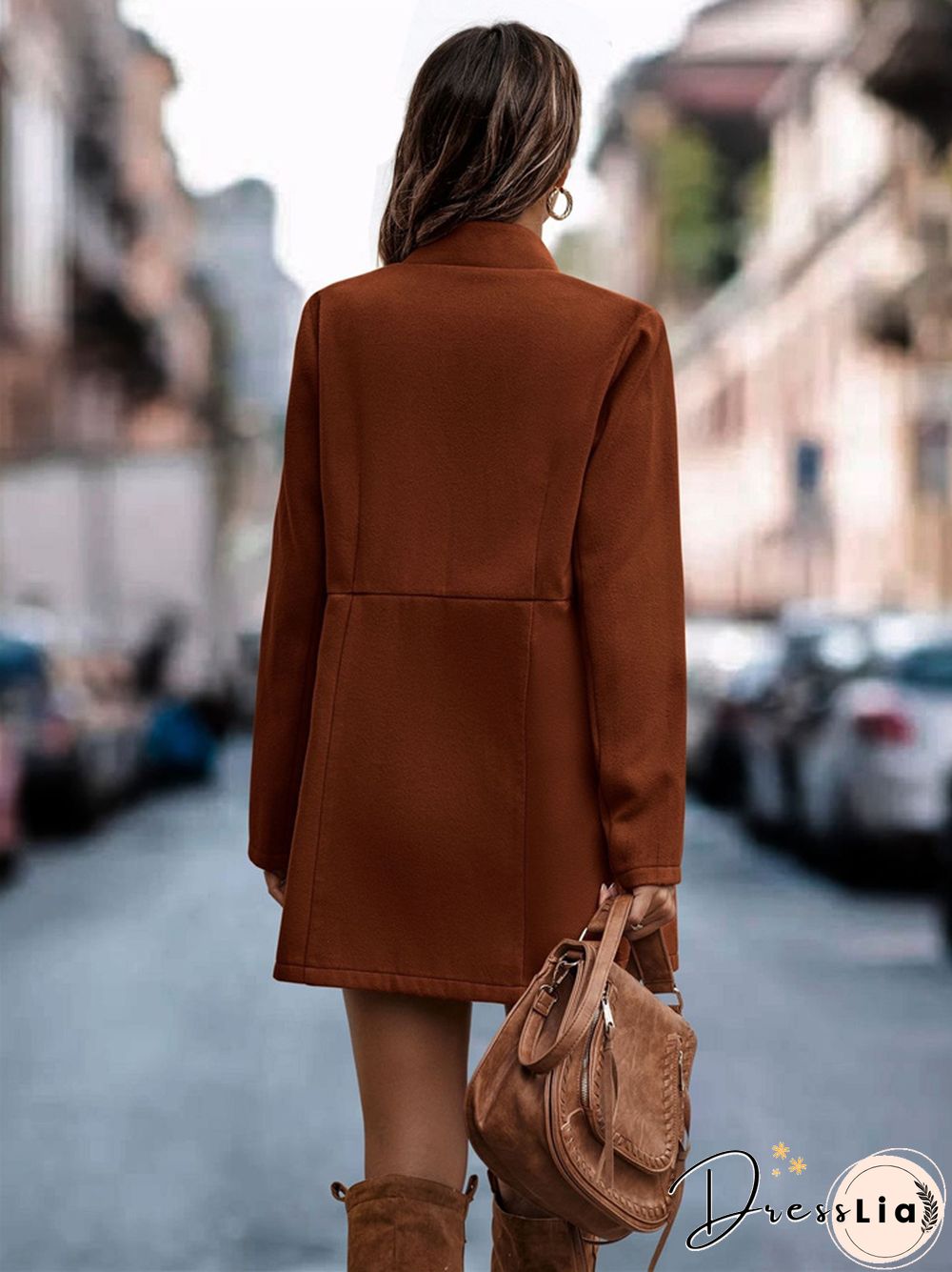 Solid Color Slim Long Sleeve Pocket Ladies Coat