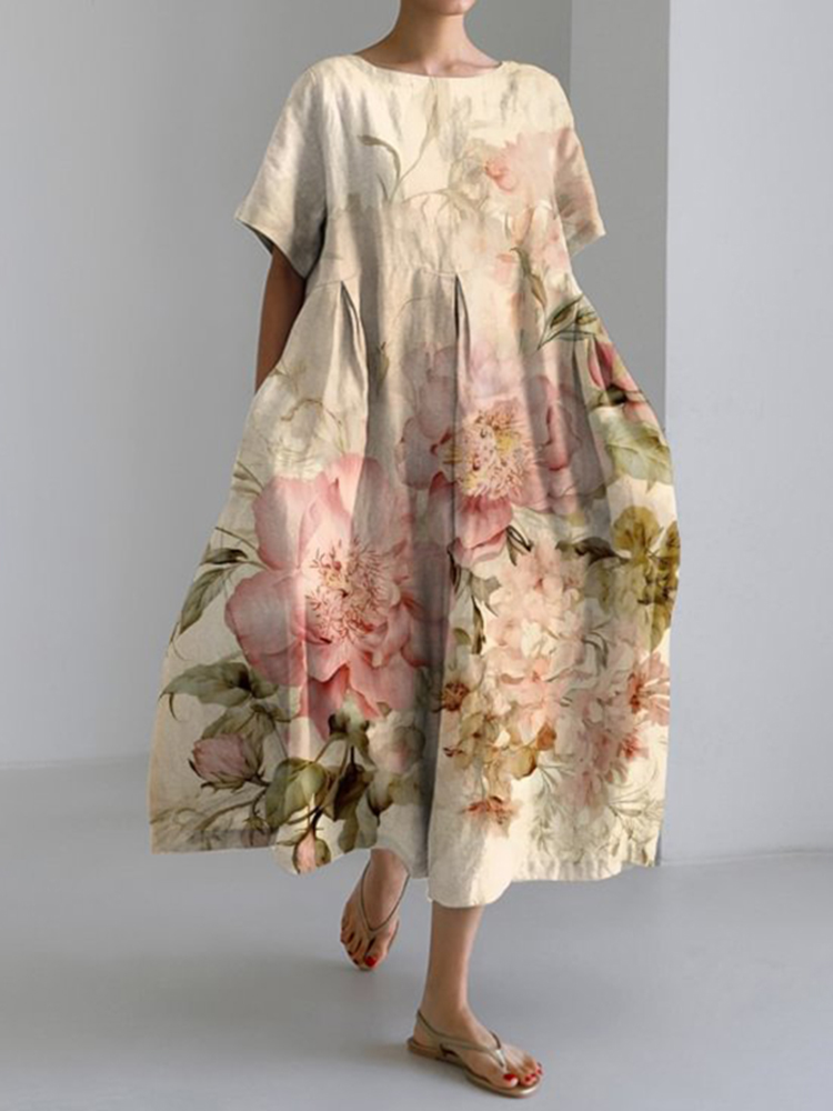 Comstylish Vintage Chic Floral Short Sleeve Midi Dress