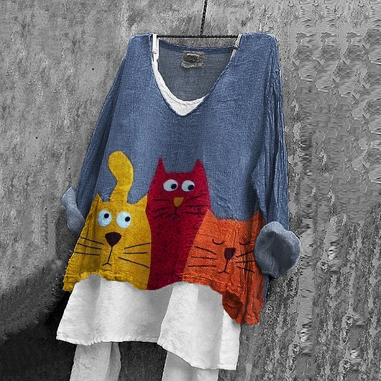 Vintage Abstract Color Cat Embroidery Art Linen Blend Blouse