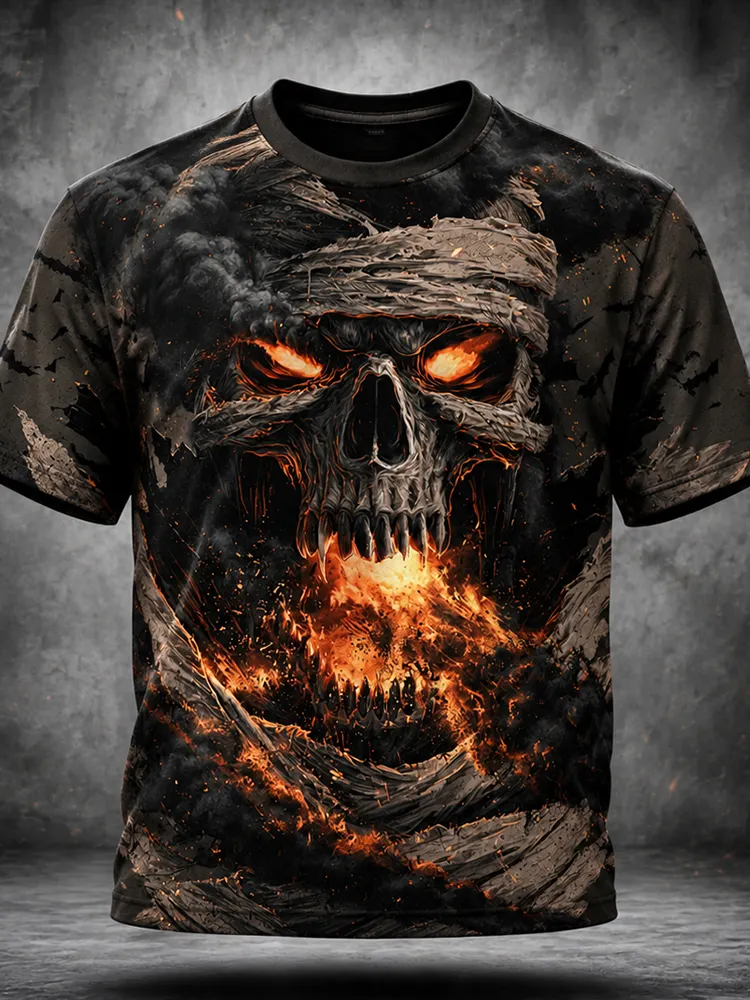 Men's T-shirt With Mummy Skull And Fire Pattern artswardrobe