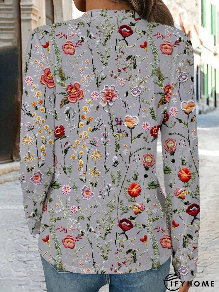 Women's Round Neck Long Sleeve Full Floral Print Casual T-Shirt | IFYHOME