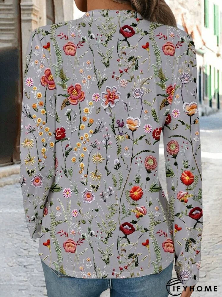 Women's Round Neck Long Sleeve Full Floral Print Casual T-Shirt | IFYHOME