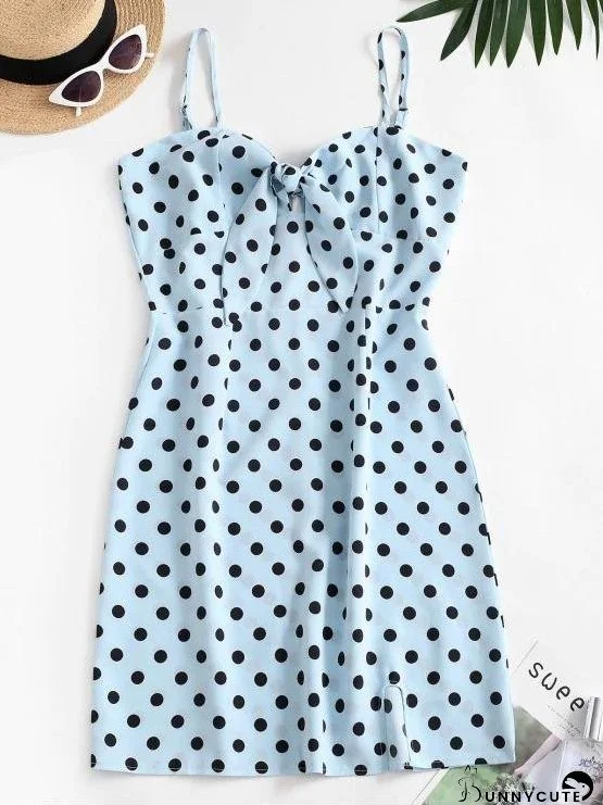 Polka Dot Knotted Slit Cami Summer Dress for Women
