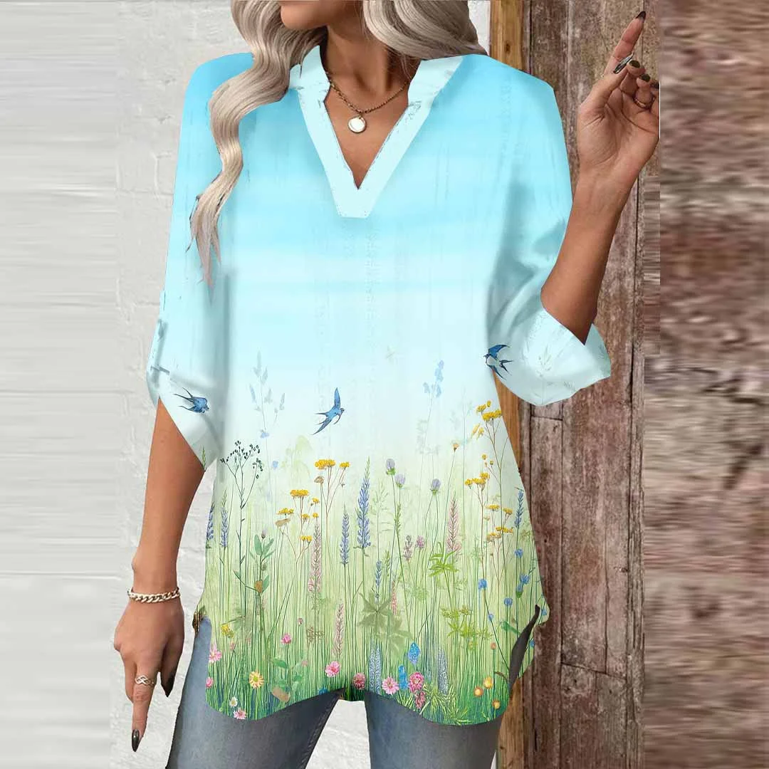 Women Floral, Butterfly, Red DZGA0613 3/4 Sleeve V-neck Printed Graphic Button Tops