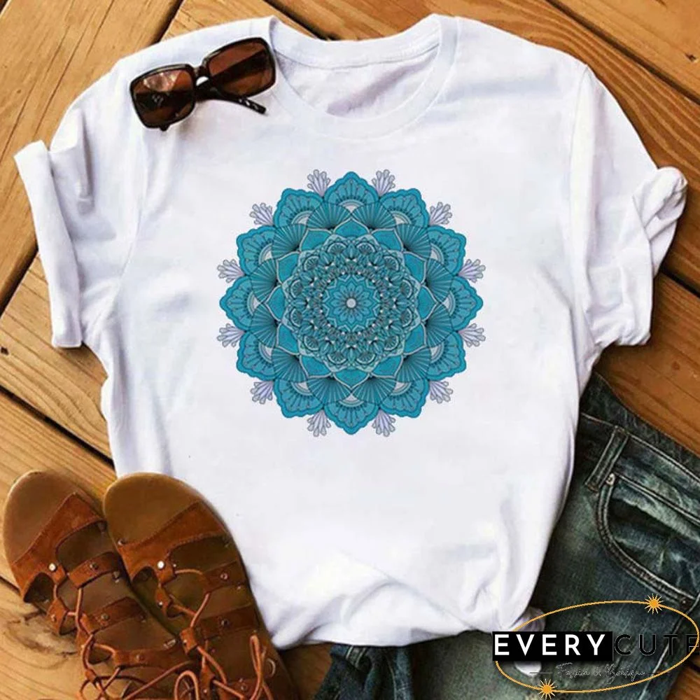 Maycaur New Mandala Floral Printed T Shirt Women Casual Fashion T-shirt Loose Short Sleeve 90s Girls Aesthetics Black Tshirt Top