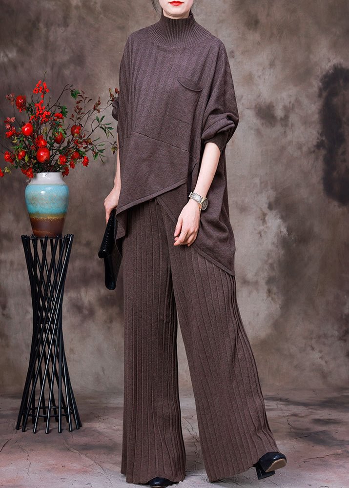 Fashion Dark Coffee Colour Asymmetrical Knit Sweaters And Pants Two Piece Set Fall