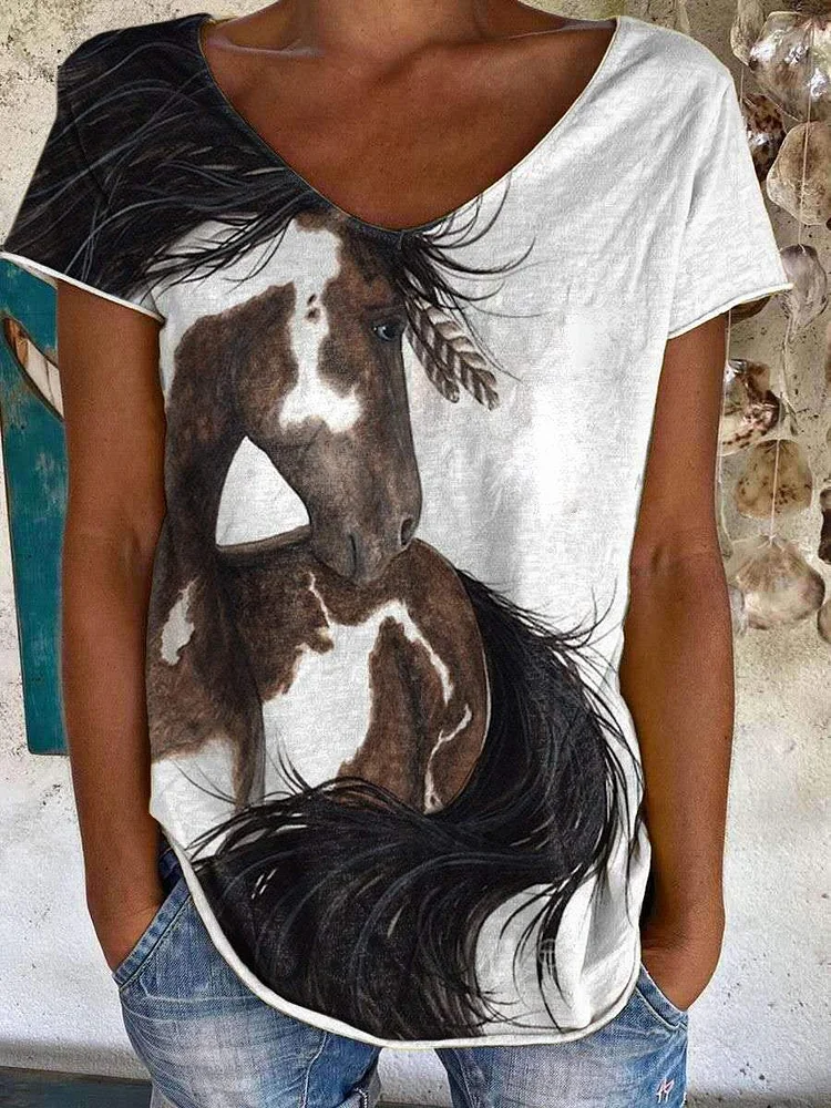 Ladies Western Horse Elements Print Short Sleeve T-shirt