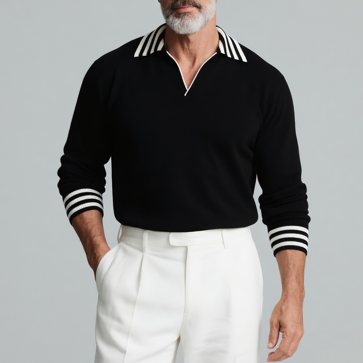Men's Black With White Striped Trim Long Sleeve Buttonless Polo Shirt