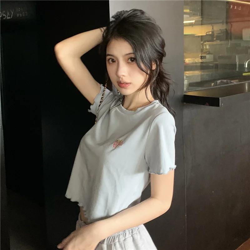 Brownm Brownm Hot Girl Crop Short Style Student Jacket 2024 Summer New Short Sleeve Embroidery Wooden Ear Slim T-Shirt Female Tide