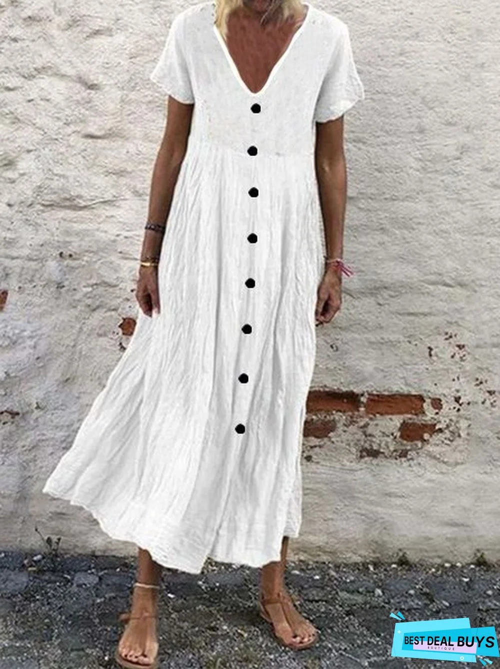 Cotton Plain V Neck Casual Boho Dress