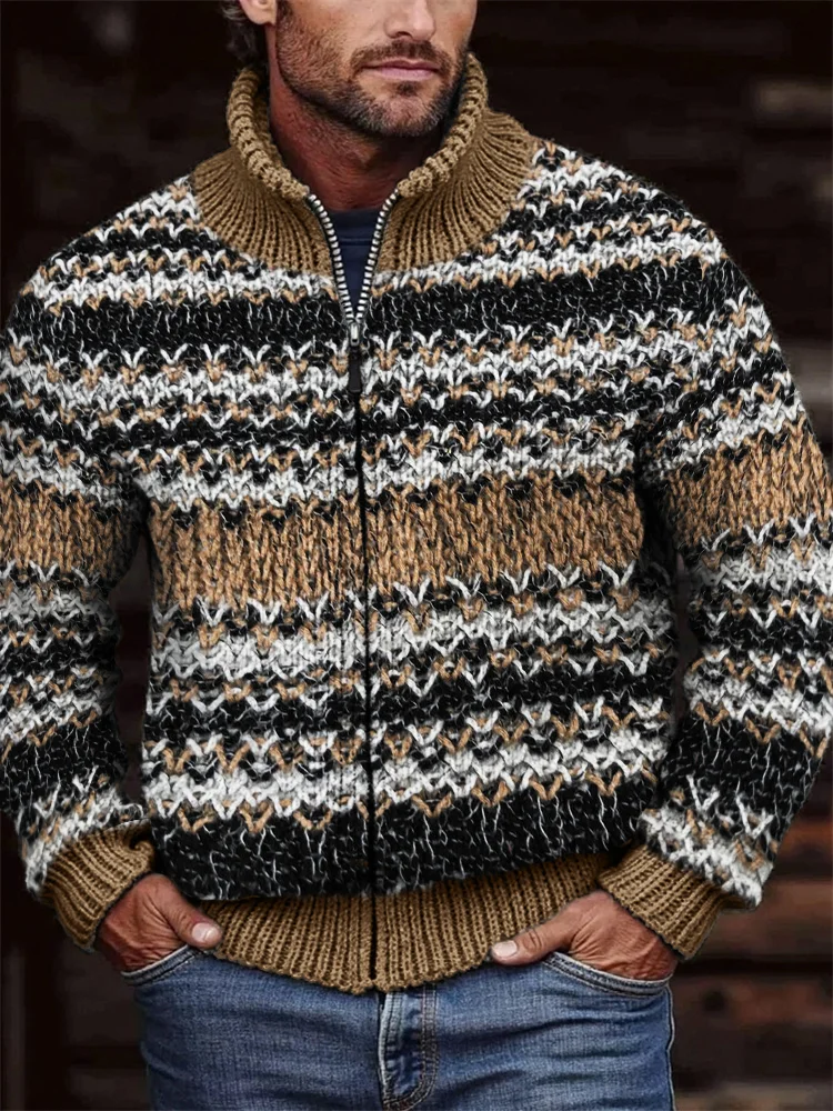 Utbros Men's Retro Chunky Crochet Cozy Full Zip Cardigan