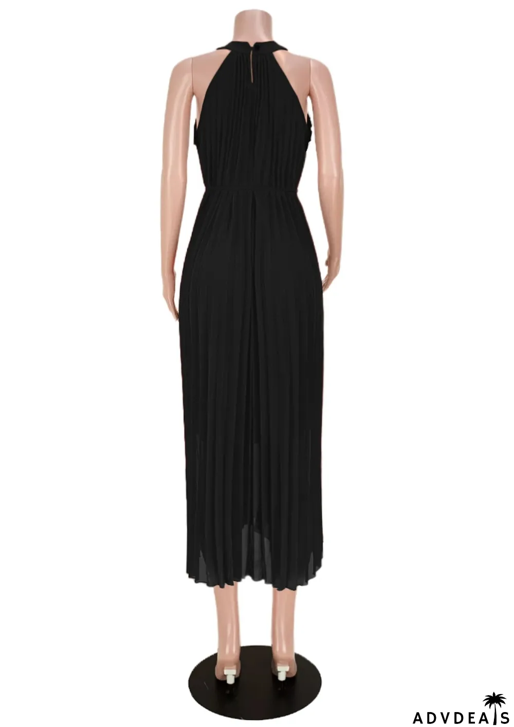 Women Summer Black Modest Turtleneck Sleeveless Solid Pleated Maxi Dress