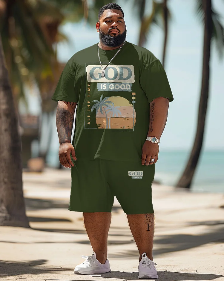 Men's Plus Size Hawaiian Gradient Alphabet Print T-Shirt Shorts Suit