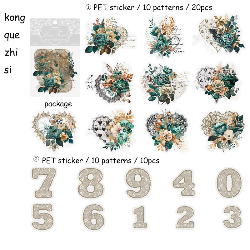 Journalsay 30 Sheets Lace Feast Series Vintage Flower Lace Hot Silver PET Sticker