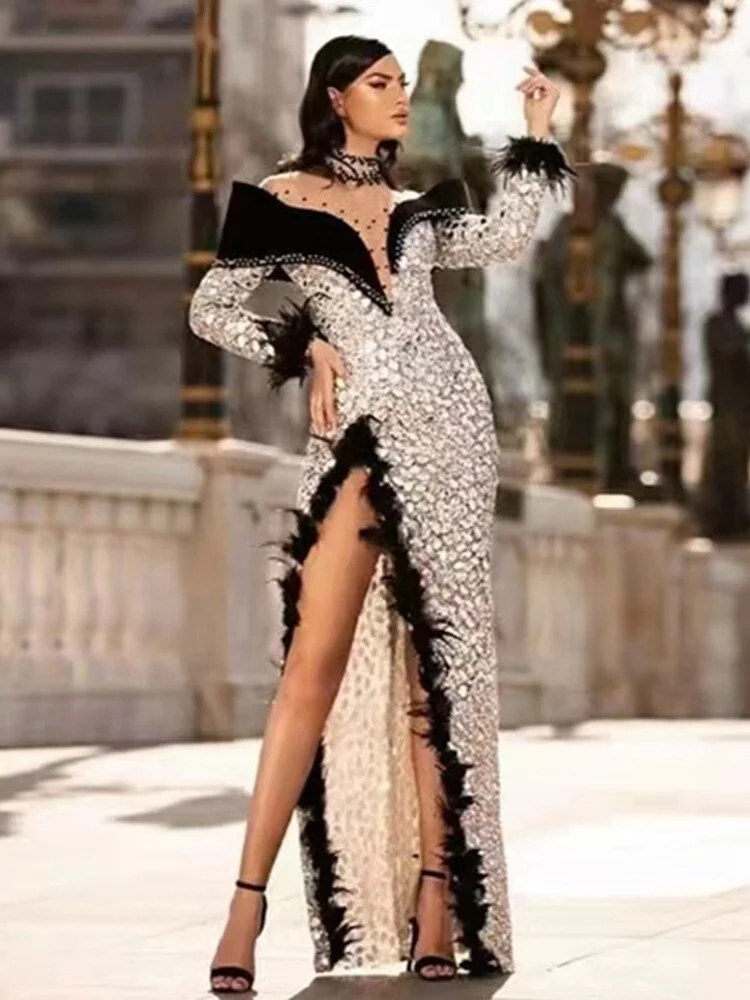 Women  Long Sleeve Off Shoulder Beading Feather Mesh Sequins Maxi Long Dress 2023 Elegant Evening Party Dres Vestido
