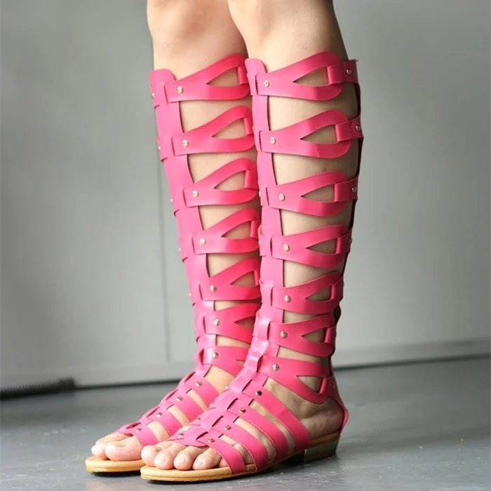 Pink Hollow out Gladiator Sandals Open Toe Flats Knee-high Sandals |FSJ Shoes